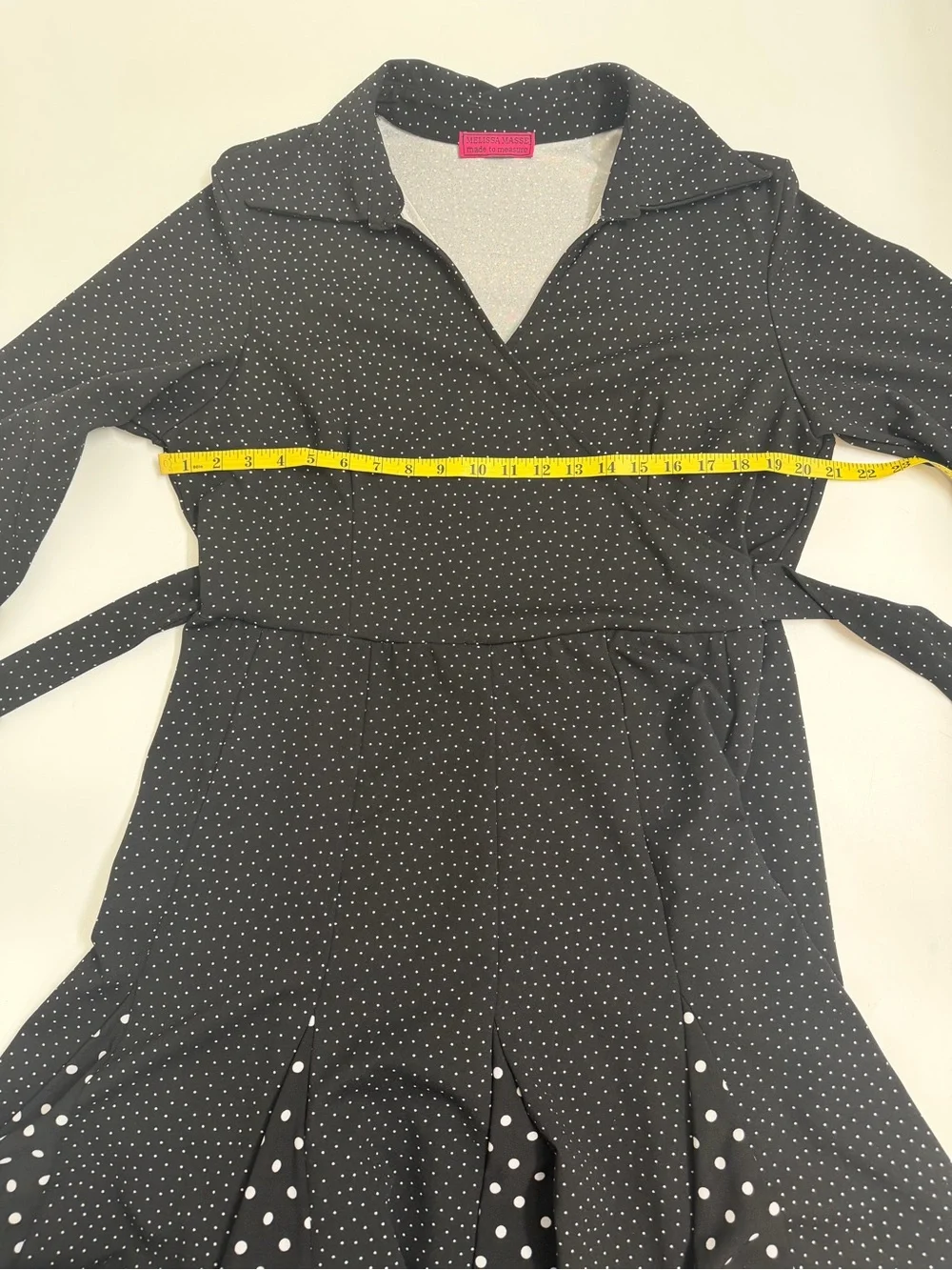 Melissa Masse Made to Measure Polka Dot Wrap Dress 1X Black White Midi Dress
